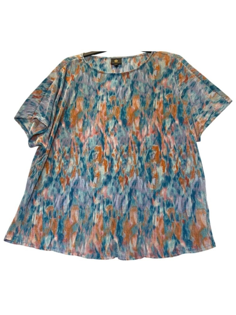 JM Collection 1X Multicolor Pleated Short Sleeve Top Etched Glass Pattern flowy - Picture 1 of 12